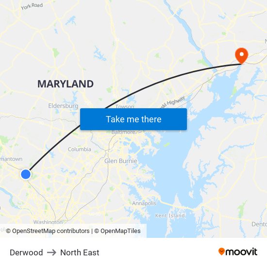 Derwood to North East map