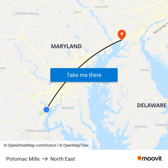 Potomac Mills to North East map