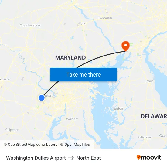Washington Dulles Airport to North East map
