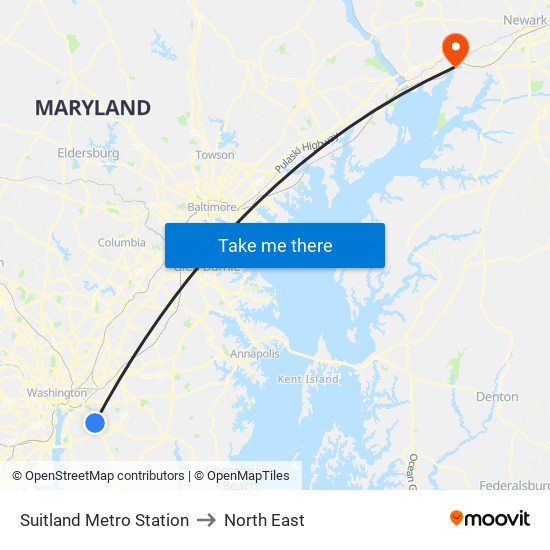 Suitland Metro Station to North East map