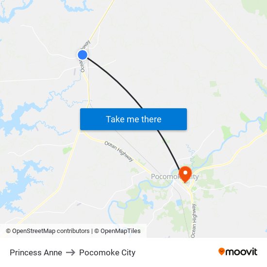 Princess Anne to Pocomoke City map