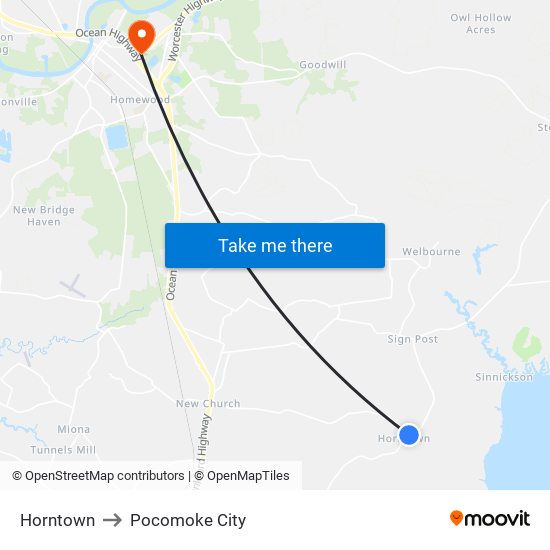 Horntown to Pocomoke City map