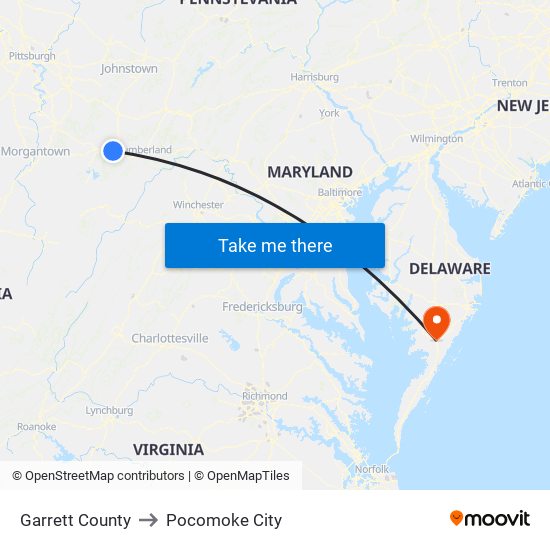 Garrett County to Pocomoke City map