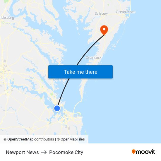 Newport News to Pocomoke City map