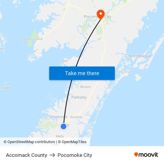 Accomack County to Pocomoke City map