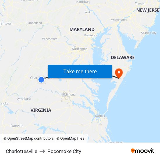 Charlottesville to Pocomoke City map