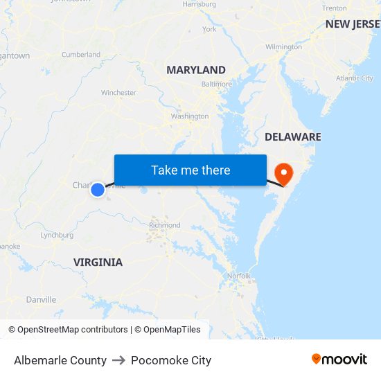 Albemarle County to Pocomoke City map