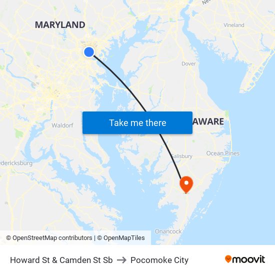 Howard St & Camden St Sb to Pocomoke City map