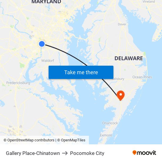 Gallery Place-Chinatown to Pocomoke City map