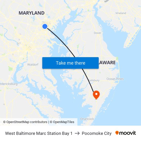 West Baltimore Marc Station Bay 1 to Pocomoke City map