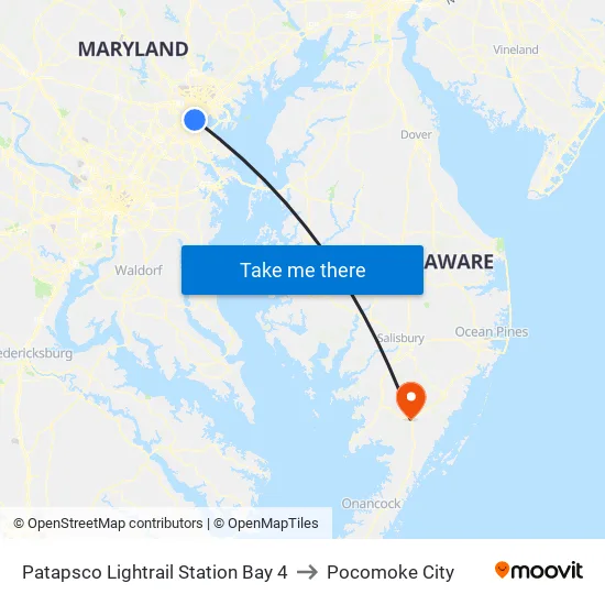 Patapsco Lightrail Station Bay 4 to Pocomoke City map