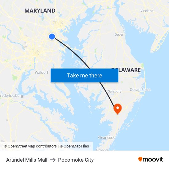 Arundel Mills Mall to Pocomoke City map