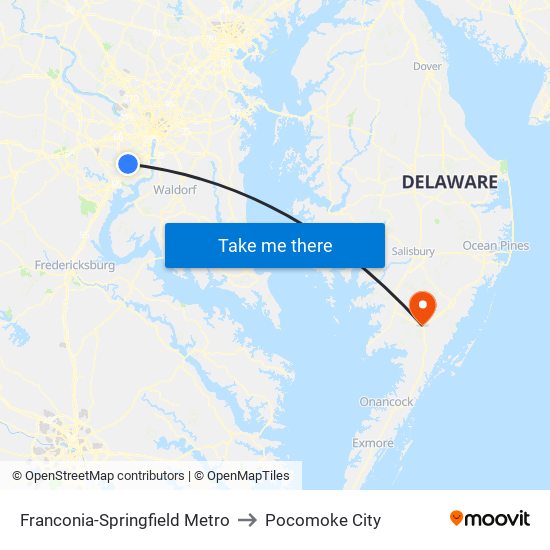 Franconia-Springfield Metro to Pocomoke City map