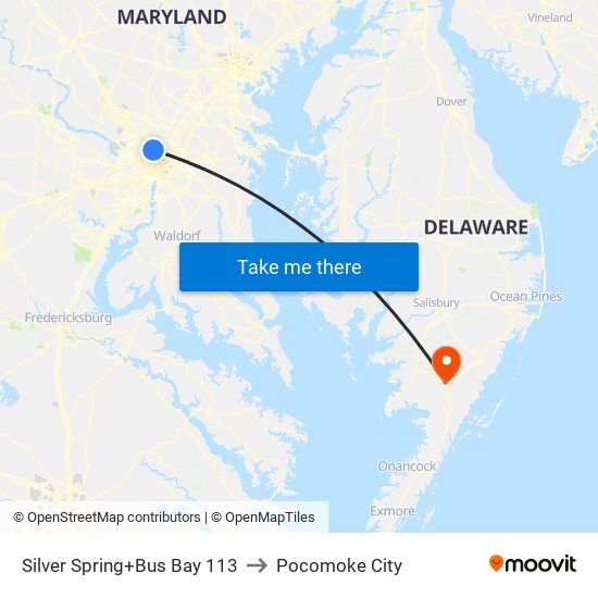 Silver Spring+Bay 113 to Pocomoke City map