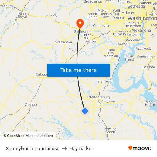 Spotsylvania Courthouse to Haymarket map