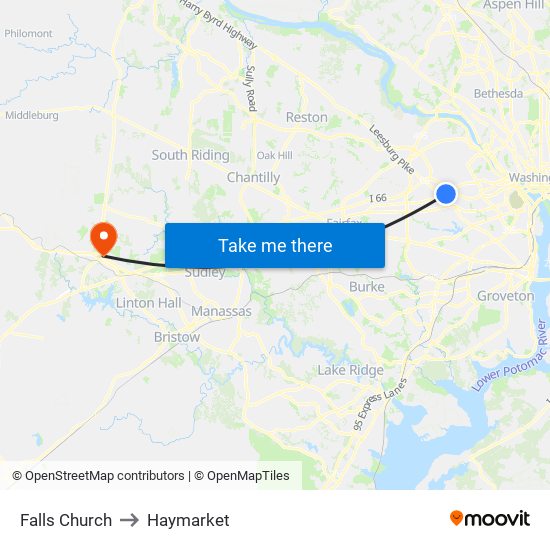 Falls Church to Haymarket map