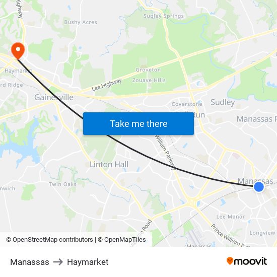 Manassas to Haymarket map