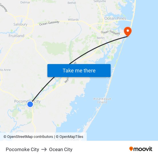 Pocomoke City to Ocean City map