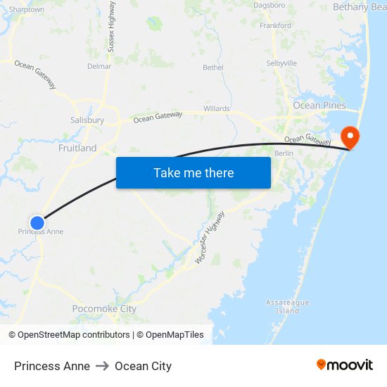 Princess Anne to Ocean City map