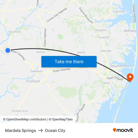 Mardela Springs to Ocean City map