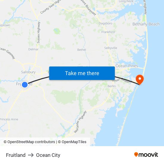 Fruitland to Ocean City map