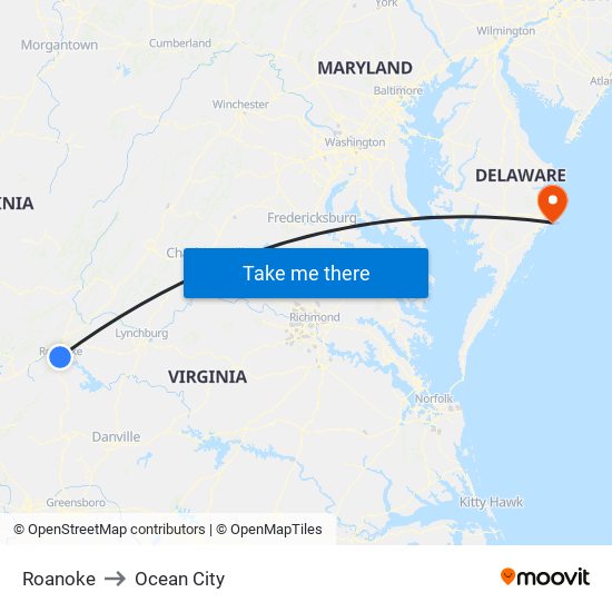 Roanoke to Ocean City map