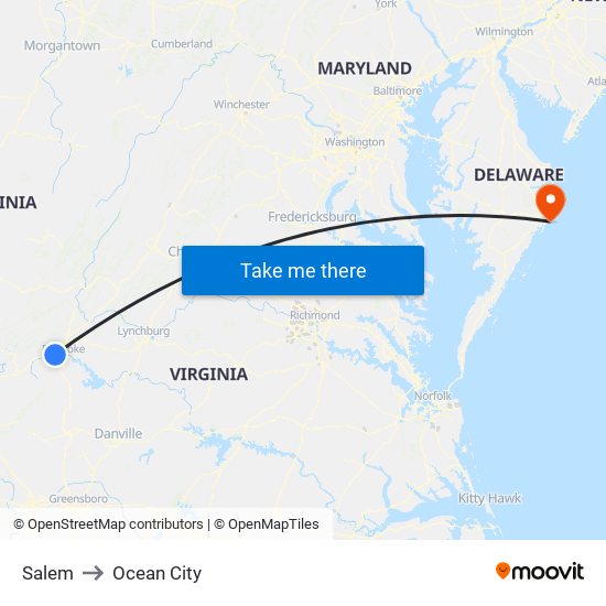 Salem to Ocean City map