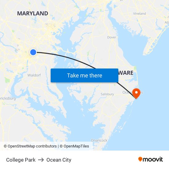 College Park to Ocean City map