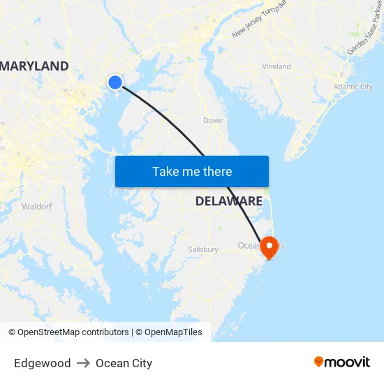 Edgewood to Ocean City map