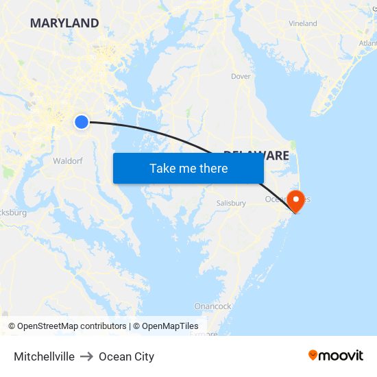 Mitchellville to Ocean City map