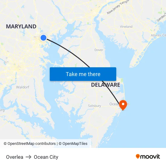 Overlea to Ocean City map