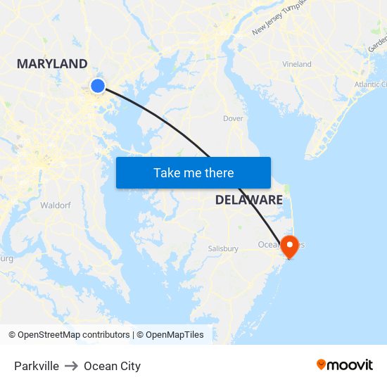 Parkville to Ocean City map