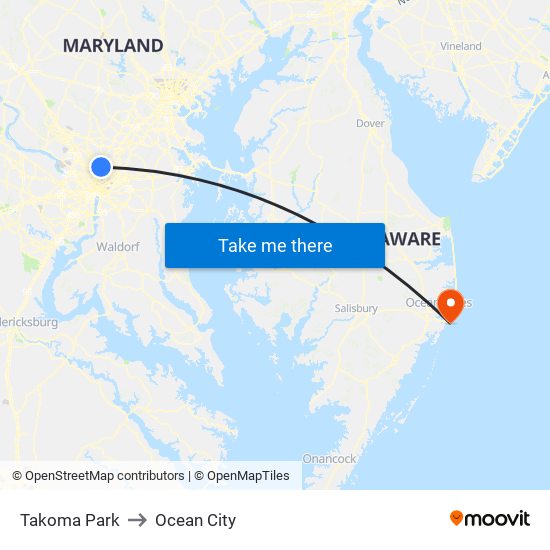 Takoma Park to Ocean City map