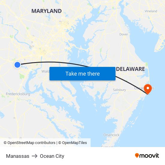 Manassas to Ocean City map