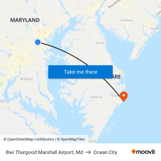 Bwi Thurgood Marshall  Airport, Md to Ocean City map