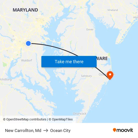 New Carrollton, Md to Ocean City map