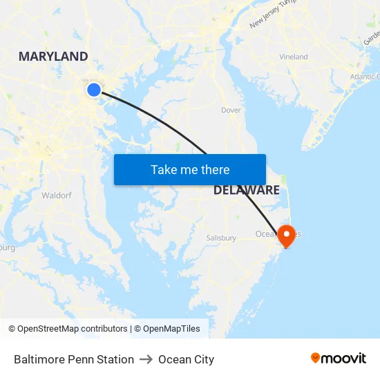 Baltimore Penn Station to Ocean City map