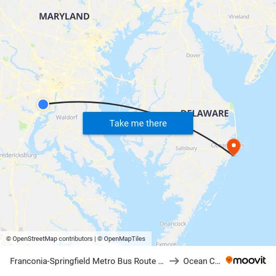 Franconia-Springfield Metro Bus Route 301 to Ocean City map