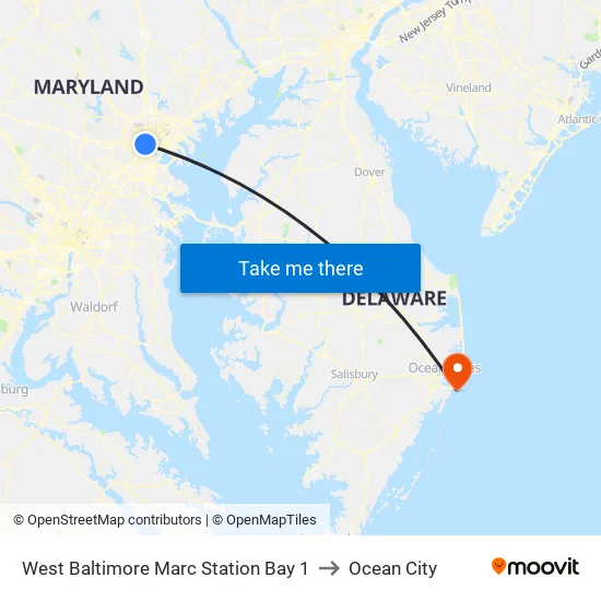 West Baltimore Marc Station Bay 1 to Ocean City map