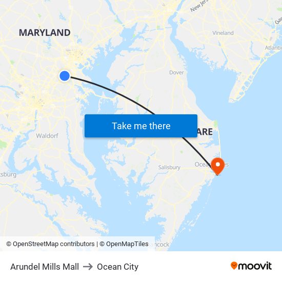 Arundel Mills Mall to Ocean City map