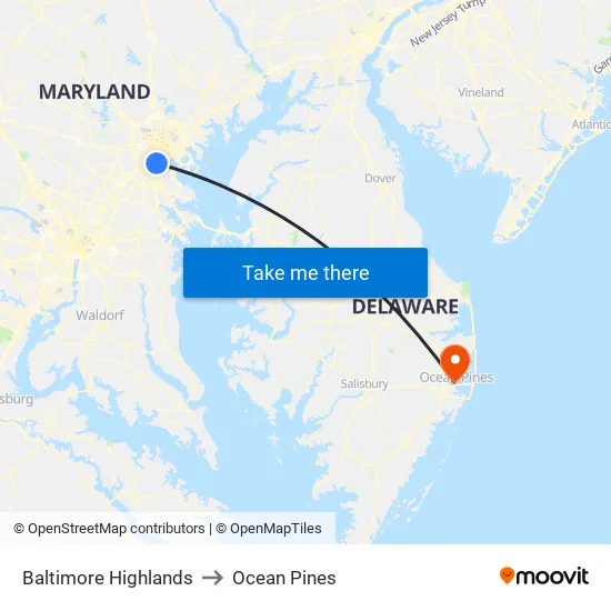 Baltimore Highlands to Ocean Pines map