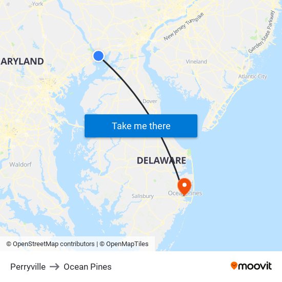 Perryville to Ocean Pines map