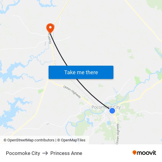 Pocomoke City to Princess Anne map