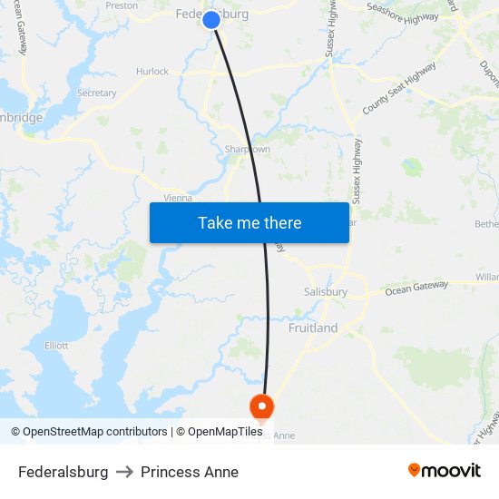Federalsburg to Princess Anne map
