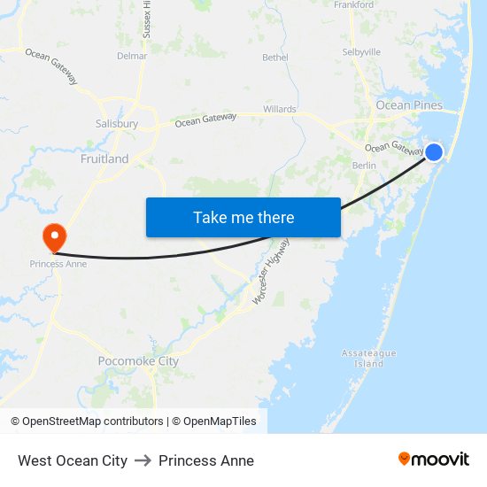 West Ocean City to Princess Anne map