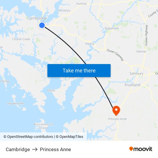 Cambridge to Princess Anne map