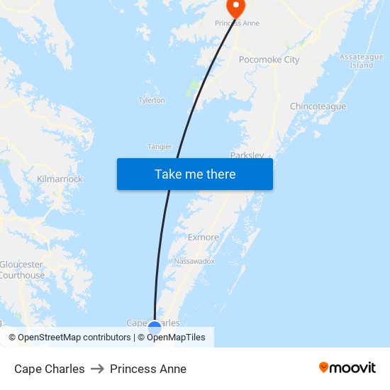 Cape Charles to Princess Anne map