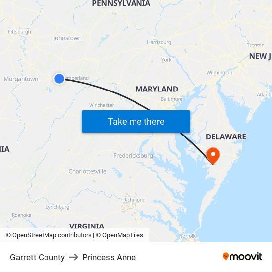 Garrett County to Princess Anne map