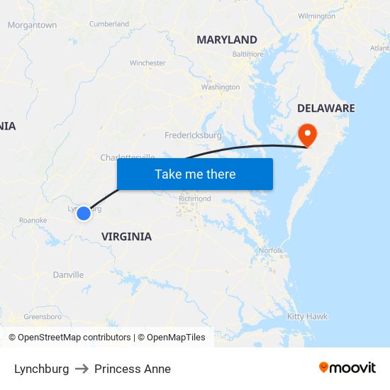 Lynchburg to Princess Anne map