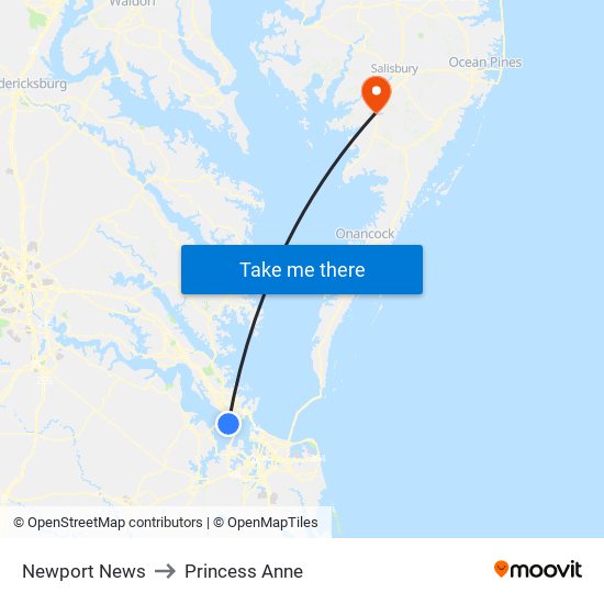 Newport News to Princess Anne map